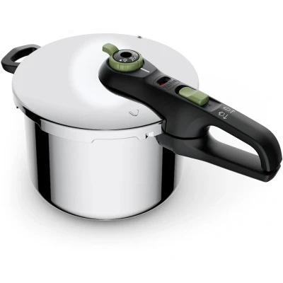 Abbildung von Tefal Secure Trendy Schnellkochtopf Induktion 4l, 2 Stufen Garregler: Intensivstufe 117C, Schonstufe 112C, Induktions Kapselboden, für alle Herdarten, Edelstahl/Schwarz/Grün, P2580400