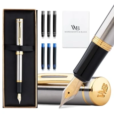 Abbildung von Wordsworth and Black Fountain Pen Mini EDC Silberner Taschenstift, Gold, Mittlere Feder, 6 Tintenpatronen, Tinten Konverter, Nachfüllbares Stift Geschenkset, Männer &amp; Frauen