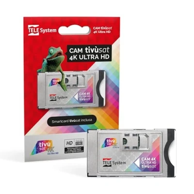 Abbildung von TELE System Tivùsat 4K Ultra HD zertifizierte Cam zum Ansehen von Kanälen in High Definition und 4K. Slot für TV Decoder, Aktive Smartcard inklusive. Serie A mit DAZN auf tivùsat.