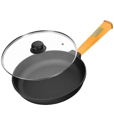 Abbildung von Gusseisenpfanne mit Glasdeckel 26 cm Holzgriff abschraubbar Pfanne Gusseisen Bratpfanne Steakpfannen Cast Iron Pan Feuerpfanne für Gasgrill, Backofen, Feuerstelle alle Herdarten inkl. Induktion