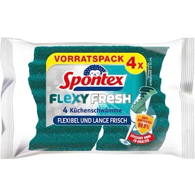 Abbildung von Spontex Flexy Fresh x4, der effiziente Reinigungsschwamm mit antibakteriellem Schutz, flexibel, lange frisch, kratzfrei, 1 x 4 Stück