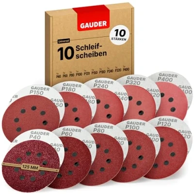 Abbildung von GAUDER Schleifscheiben Set für Exzenterschleifer Ø 125mm Schleifpapier Klett 8 Loch Schleifblätter rund Schleifpads (10 Stück 1 x 40/60/80/100/120/150/180/240/320/400 Körnung)