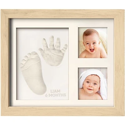 Abbildung von Baby Handabdruck und Fußabdruck Set Gipsabdruck Hand Fuß für Neugeborene Bilderrahmen ​ Dusche Abdruckset (Ash Wood)