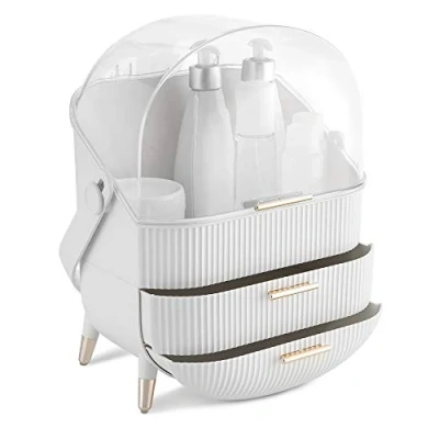 Abbildung von Navaris Make Up Organizer Aufbewahrung für Kosmetik Ordnungssystem mit 2 Schubladen tragbare Aufbewahrungsbox Bad oder Schminktisch Weiß