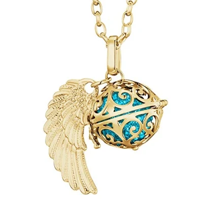 Abbildung von Morella Damen Halskette Gold Edelstahl 70 cm mit goldenem Anhänger Engelsflügel und Klangkugel Zirkonia türkis Ø 16 mm in Schmuckbeutel