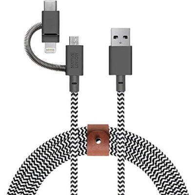 Abbildung von Native Union Belt Cable Universal 2m (6,5 ft) Langes, Ultrastarkes, [MFi Zertifiziert], Verstärktes Ladekabel mit 3 in 1 Adapter für Lightning , USB C und Micro Geräte (Zebra)