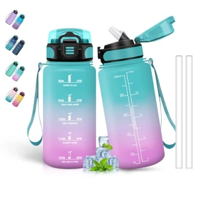 Abbildung von Trinkflasche Kinder, 500ml Trinkflasche, mit Strohhalm, Leicht zu Reinigen, für Kohlensäurehaltige Getränke, Auslaufsicher, Sport Schule, Camping, Grün Rosa