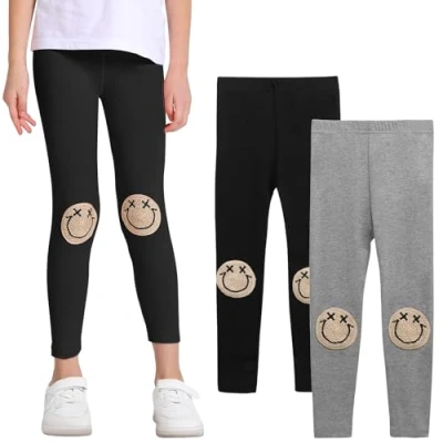 Abbildung von SPFASZEIV Mädchen Leggings Kleinkind Hosen mit Lächeln Gesichts Muster Kinder in voller Länge 2er Pack 67 Jahre (Schwarz + Rosa)