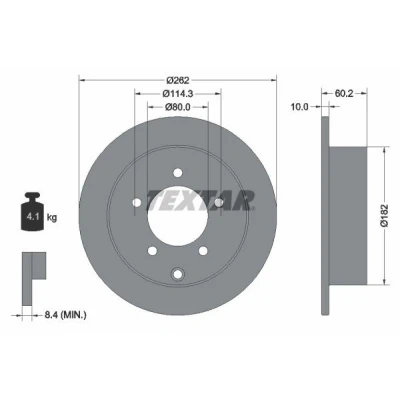 Abbildung von TEXTAR PRO 92227403 Bremsscheibe 262 10 05/06 114,3 voll beschichtet ohne Radbefestigungsbolzen, Radnabe MITSUBISHI: Lancer 8, 8 Limousine