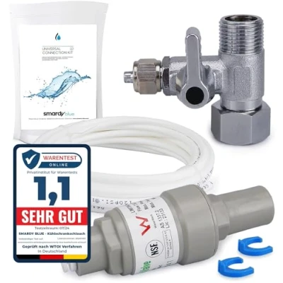 Abbildung von smardy Premium Wasserzulaufleitung Anschluss Set mit Druckregler, Absperrventil, Wasserschlauch 1/4&quot; (6,35mm) für Side by Kühlschrank Osmose Wasserfilter