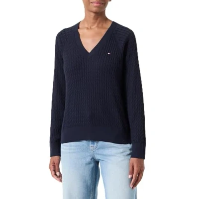 Abbildung von Tommy Hilfiger Damen Pullover Cable Sweater mit V Ausschnitt, Blau (Desert Sky), M