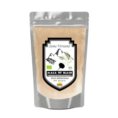 Abbildung von Maca Fit Black 500g BIO Pulver Original aus Peru Junin, reines Schwarzes Pulver, rein pflanzlich ohne Zusatzstoffe, Vegan Gluten und Laktose frei.