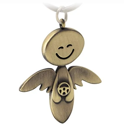 Abbildung von FABACH Schutzengel Schlüsselanhänger Smile mit Lenkrad Edler Engel Anhänger aus Metall in mattem Bronze Geschenk Glücksbringer Auto Führerschein Fahr vorsichtig