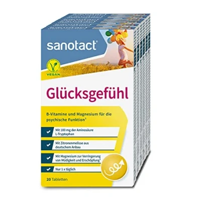 Abbildung von sanotact Glücksgefühl (120 Tabletten) Natürlicher Stimmungsaufheller hochdosiert Vitamin Tabletten mit Zitronenmelisse, B Komplex, L Tryptophan &amp; Magnesium Vitamine