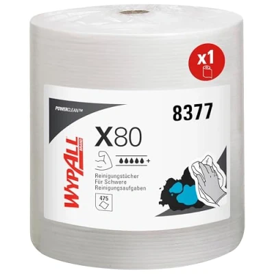 Abbildung von Wypall Wischtücher Rolle, X80, Industrielle Reinigungstücher, Hydroknit Technologie, 1 lagig, Rolle x 475 Tücher, Weiß, 8377