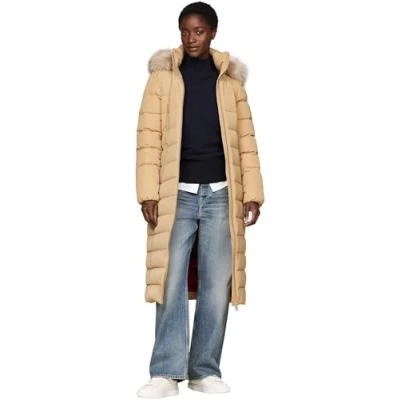 Abbildung von Tommy Hilfiger Damen Daunenmantel Heritage Tyra Maxi With Fur mit Kapuze, Grün (Classic Khaki), M