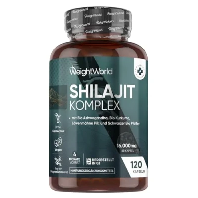 Abbildung von Shilajit Komplex 16.000mg 120 vegane Kapseln für 4 Monate Vorrat Mit Bio Ashwagandha, Kurkuma, Löwenmähne Pilz &amp; Schwarzer Pfeffer Extrakt (40:1) von WeightWorld