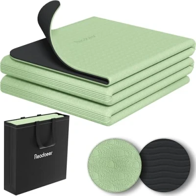 Abbildung von Faltbare Yogamatte für unterwegs, zweifarbige Yogamatte, 6 mm dick, mit Tragetasche, rutschfeste TPE Übungs Pilatesmatte 183CM L x 61CM B