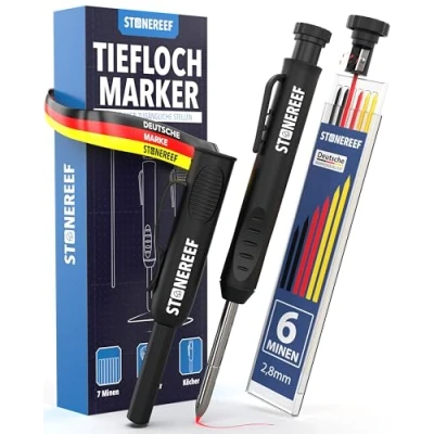 Abbildung von STONE REEF Tieflochmarker Profi [inkl. Köcher] Bleistift Baustelle, Zimmermannsbleistift, Bohrlochmarker, Markierstift, Handwerker Bleistift, Baubleistifte, Lochmarkierer
