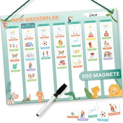 Abbildung von Mini Mindz® Wochenplaner Kinder Montessori Magnettafel im niedlichen Design inkl. 200 Magnete &amp; Stift Lernspiele ab 3 Jahre Kalender Wochenplan