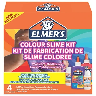 Abbildung von Elmer&#039;s Colour Slime Kit Zubehör für Schleim enthält auswaschbaren farbigen PVA Kleber farblich sortiert mit magischer Aktivator Lösung 4 teiliges