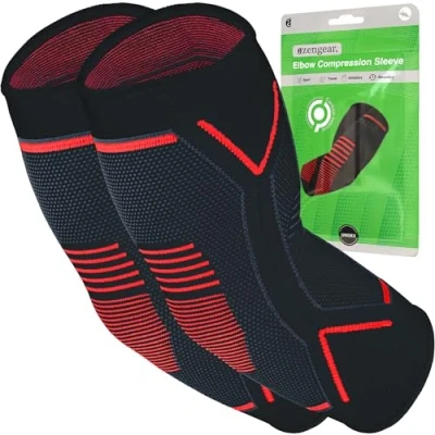 Abbildung von aZengear Ellenbogen Bandage (Paar) Kompressionsbandage Linderung von Golf und Tennisspielern, Fitness, Gewichtheben (M)