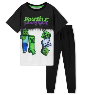 Abbildung von Minecraft Schlafanzug Jungen Pyjama Kinder 5 14 Jahre Winter Nachtwäsche Oberteil Pyjamahose Lang für Junge &amp; Teenager (Schwarz/Weiss, 7 8 Jahre)