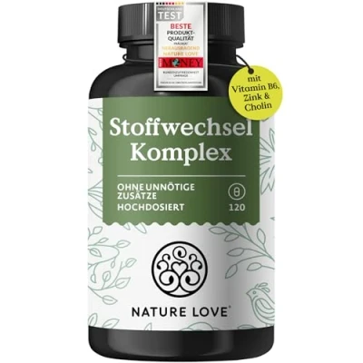 Abbildung von NATURE LOVE® Stoffwechsel Komplex 120 Kapseln Grünteeextrakt, Zink, Chrom, Vitamin B6, Cayennepfeffer und Cholin hochdosiert, vegan