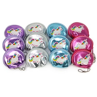 Abbildung von com four® 12x Mini Geldbörse mit Einhorn Sticker, Portemonnaie in pink, lila, blau und silberfarben, 6,5 x 6 cm (12 Stück Einhorn)
