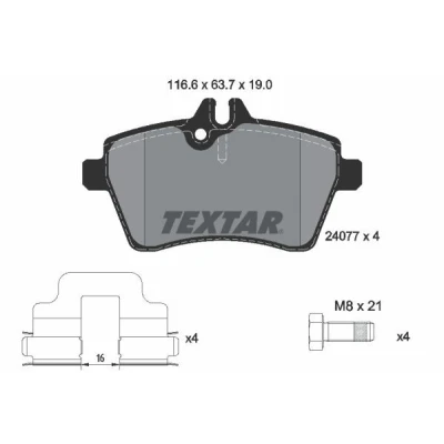 Abbildung von TEXTAR 2407701 Bremsbelagsatz für Verschleißwarnanzeiger vorbereitet mit Bremssattelschrauben Zubehör MERCEDES BENZ: A Class