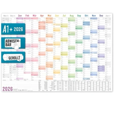 Abbildung von =Häfft® abwischbarer Wandkalender 2026 groß &quot;Rainbow&quot; 89 x 63 cm (größer als A1) gerollt, Wandplaner für 15 Monate: Nov 2025 Jan nachhaltig &amp; klimafreundlich