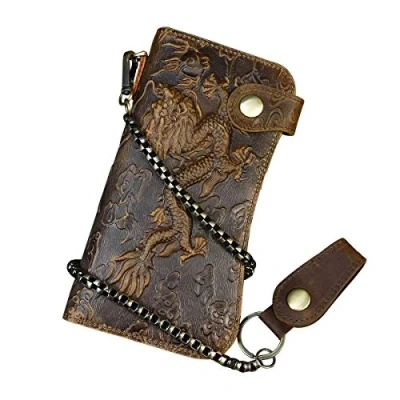 Abbildung von Echtes Leder Lange Brieftasche mit Reißverschluss Tasche Vintage Bifold Scheckheft Geldbörse (Brown 1)