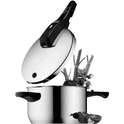 Abbildung von WMF Perfect One Pot Schnellkochtopf Induktion 4,5l, Dampfkochtopf, großes Kochsignal, 2 Kochstufen, abnehmbarer Deckelgriff, Cromargan Edelstahl