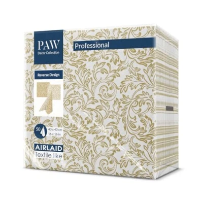 Abbildung von PAW Servietten aus Airlaid Stoffähnlich (40 x 40 cm) I 50 Stück Ideal für Hochzeit, Taufe, Kommunion, Geburtstag Tischdeko Rückseite Muster Barock gold Reverse Baroque Etude
