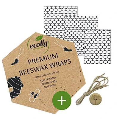 Abbildung von ecolly Bienenwachstücher 3er Set (S, M, L), Bienenwachspapier, Beeswax Wrap, Plastikfrei &amp; wiederverwendbar, OHNE Jojobaöl, inklusive Knopf Baumwollfaden Honeycombs