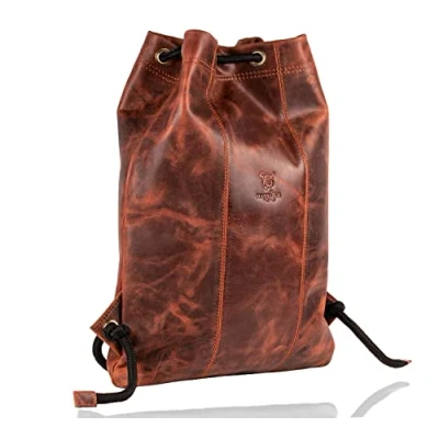 Abbildung von MATADOR Leder Turnbeutel Fitnesstasche Gym Bag Sporttasche Sportbeutel Turntasche Rucksack Vintage Retro Braun