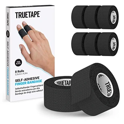 Abbildung von TRUETAPE Fingerpflaster 8x Rollen selbsthaftende Pflaster für die Finger (2,5cm x 4,5m) Tape Verband selbstklebend I Schmutzabweisendes Pflasterband schmale Haftbandage (Schwarz)