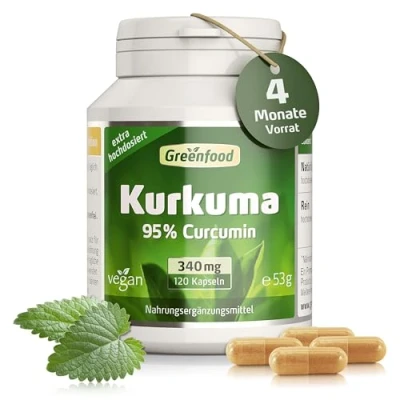 Abbildung von Kurkuma, Wurzelextrakt (95% reines Curcumin), 340mg, extra hochdosiert, 120 Kapseln Ohne künstliche Zusätze. Gentechnik. Vegi Kapseln. Vegan.