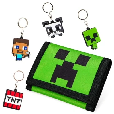Abbildung von Minecraft Geldbeutel mit Anhänger Set Geldbörse Schlüsselanhänger für Kinder Portemonnaie Reißverschluss, Klettverschluss, Schlüsselring 12 x 8 2 cm
