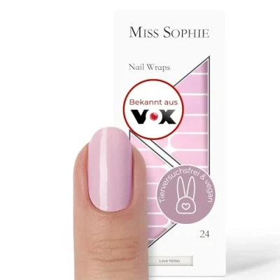 Abbildung von Original Miss Sophie Nagelfolien Love Notes I 24 ultra dünne Nagellack Streifen einfarbig in Rosa Für Finger &amp; Fußnägel Hält auf Natur sowie lackierten, Acryl , Gel Shellac Nägeln