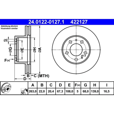 Abbildung von ATE 24.0122 0127.1 Bremsscheibe 263,0 22,0 5 108,0 Belüftet beschichtet VOLVO: 240 Estate, Saloon