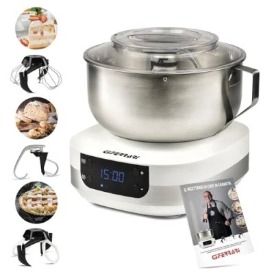 Abbildung von G3 Ferrari G20145 Gourmet Knetmaschine, 1500 Watt, 5 Liter, Edelstahlschüssel mit Griff, Digitalanzeige, Geschwindigkeiten, Timer, inklusive Rezeptbuch