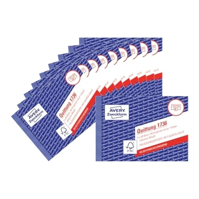 Abbildung von AVERY Zweckform 1736 10 Quittungsblock (A6 quer, 2x40 Blatt, selbstdurchschreibend, fälschungssicherer Dokumentendruck, für Beträge unter MwSt. DE/AT) 10er Pack, weiß/gelb