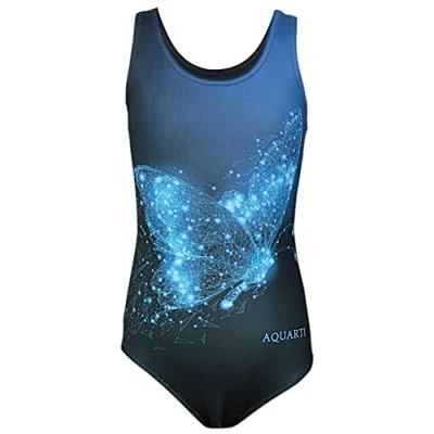 Abbildung von Aquarti Mädchen Badeanzug mit Ringerrücken Print, Farbe: Schmetterling Blau/Schwarz, Größe: 152