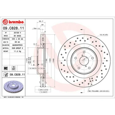 Abbildung von BREMBO 09.C828.11 Bremsscheibe 340 30 5 gelocht/innenbel. beschichtet hochgekohlt SUBARU: WRX Saloon