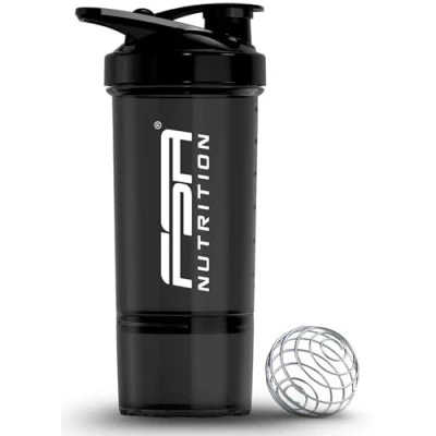 Abbildung von FSA Nutrition Protein Shaker mit Pulverfach 600 + 150 ml Sieb &amp; Skala für cremige, klumpenfreie Shakes Eiweiß auslaufsicher BPA frei Schwarz