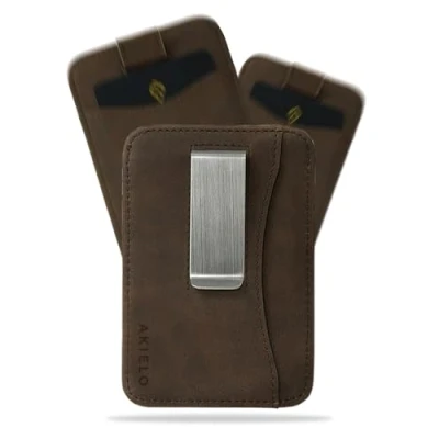 Abbildung von AKIELO Kartenetui mit RFID Schutz, Geldklammer und Geschenkbox Minimalistisch Herren Geldbörse Kompakte Schlanke Wallet (Charlie Dunkle Mokka Ausgabe Geldklammer)