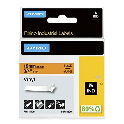 Abbildung von DYMO Rhino Industrie Vinyletiketten 19 mm x 5,5 m schwarz auf orange selbstklebendes Schriftband für und LabelManager Beschriftungsgerät