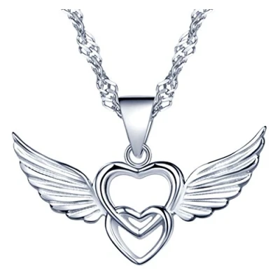 Abbildung von Yumilok 925 Sterling Silber Engelsflügel Ineinander Verschlungene Herzen Anhänger Halskette Kette mit für Damen Mädchen