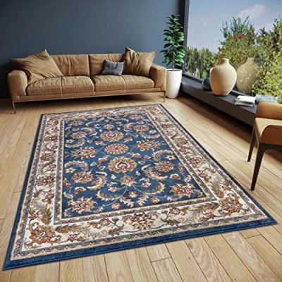 Abbildung von Hanse Home Reni Teppich Orientalisch Orient Läufer klassisch dicht gewebt mit Ornamenten und Blumenmotiven Weicher Kurzflor für Schlafzimmer, Esszimmer, Wohnzimmer, Flur Blau Creme, 140x200cm